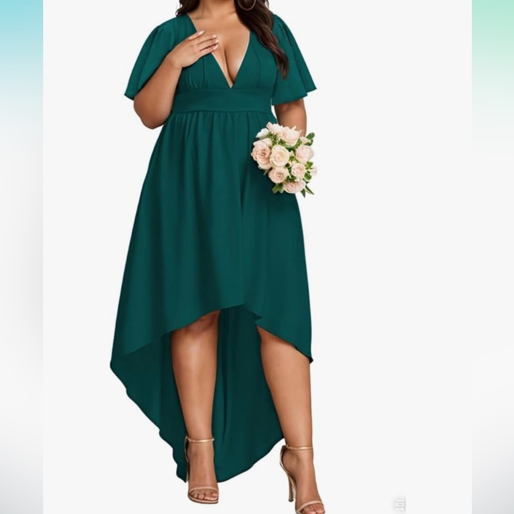 XXL Cocktail Maxi Wedding Party Dress Sexy V Neck Ruffle Sleeve Hi Low Flowy